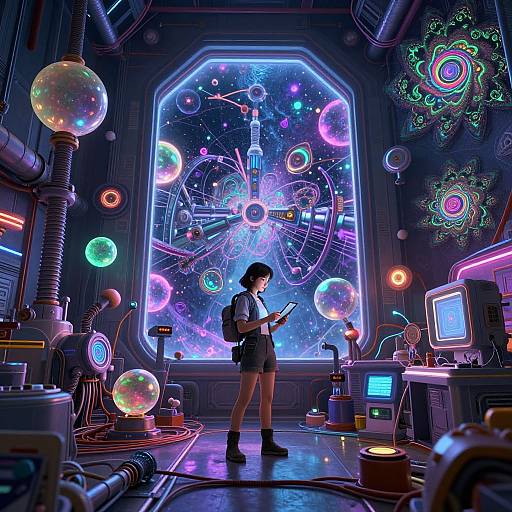 Digital artwork of a young woman with short black hair, wearing a school uniform, standing in a neon-lit, futuristic laboratory filled with glowing orbs and