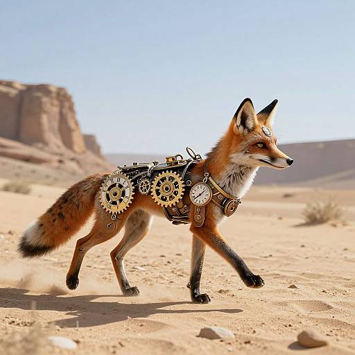 Photograph of a red fox with mechanical gear harness, walking in a desert with rocky cliffs under a clear blue sky.