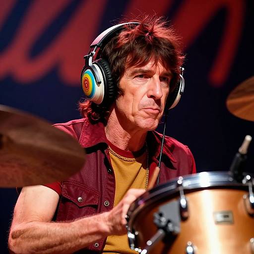 Photograph of middle-aged man with dark hair, wearing headphones, red shirt, and yellow t-shirt, passionately playing a drum set on stage.