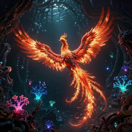 Digital fantasy artwork of a fiery, orange phoenix with outstretched wings, glowing against a dark, bioluminescent underwater cavern with colorful coral and