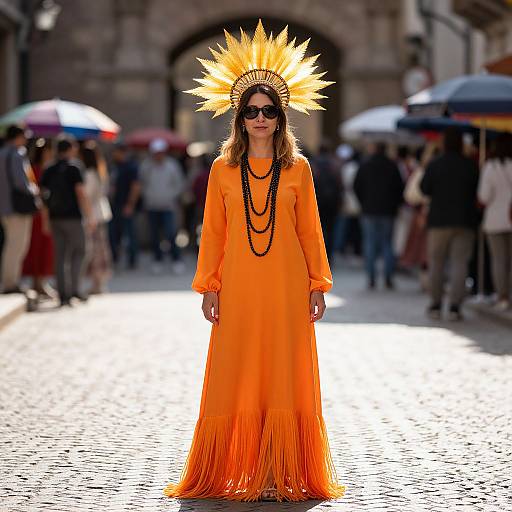 Photograph of a woman in a bright orange, long, flowing dress with fringe, wearing a radiant sun crown and black sunglasses, standing on a cob