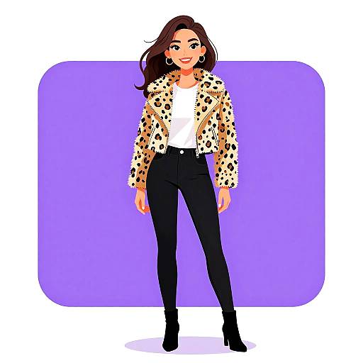 Digital illustration of a smiling woman with long brown hair, wearing a leopard-print jacket, white top, black pants, and black boots, standing against a
