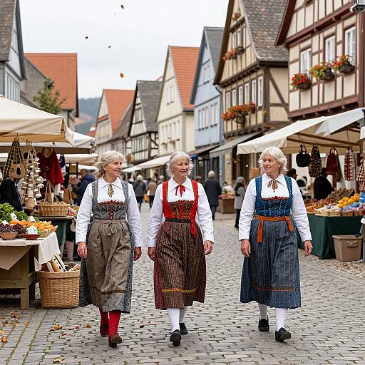 Photograph of three elderly women in traditional Bavarian dirndls, walking through a quaint, cobblestone street market with half-timbered