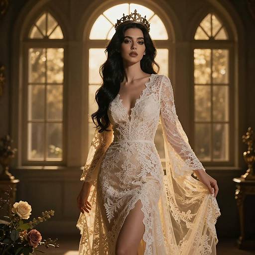 Elegant Woman in Lace Dress with Crown