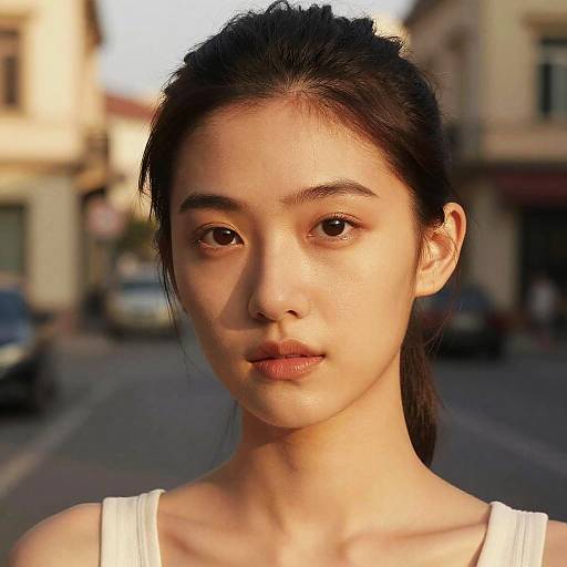 Photograph of a young Asian woman with fair skin, dark hair in a ponytail, and soft brown eyes, wearing a white tank top, standing
