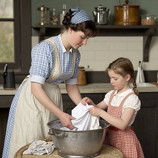 Vintage Mother and Child Washing Clothes