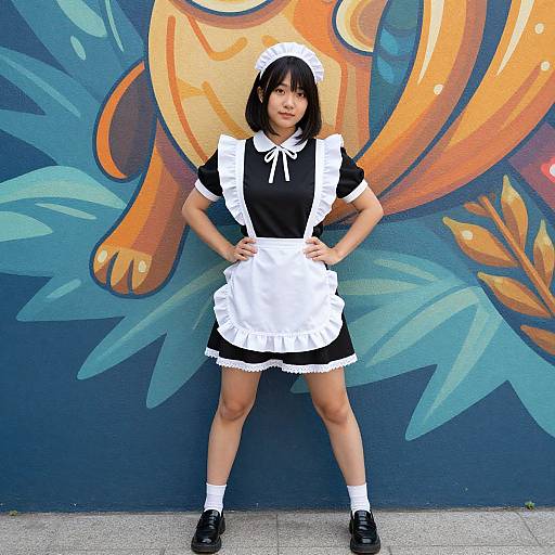 Photograph of an Asian woman with short black hair, dressed in a black and white French maid outfit, standing confidently against a colorful graffiti mural.