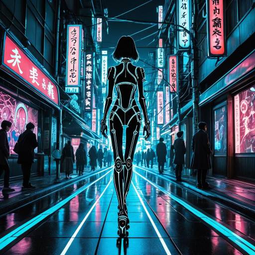 Graceful Android Girl in Neon-Lit Cyberpunk Street