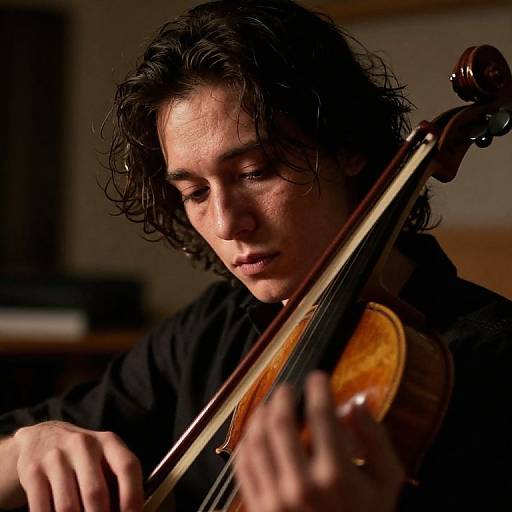 Photograph of a pensive, dark-haired man with curly hair, playing a violin in low light, wearing a black shirt, focused expression.