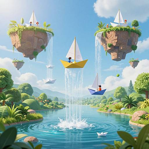 Digital illustration of colorful paper boats with sailboats on floating islands, waterfalls, lush greenery, and a bright blue sky.