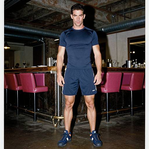 Photograph of muscular man with short dark hair, wearing black athletic shirt, shorts, and blue sneakers, standing in dimly lit bar with red bar