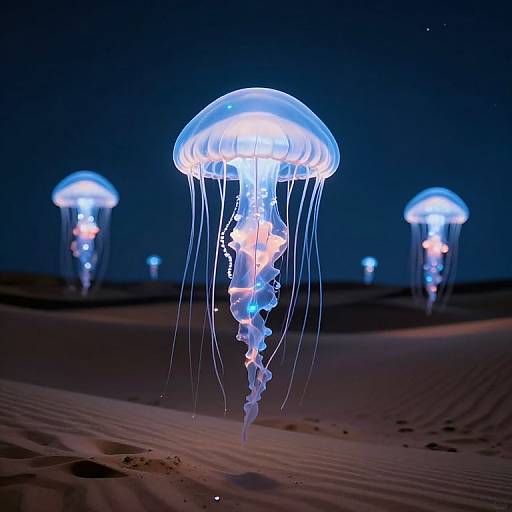 Photograph of glowing blue and purple jellyfish with translucent domes and long, flowing tentacles, floating in a dark ocean, with other jellyfish