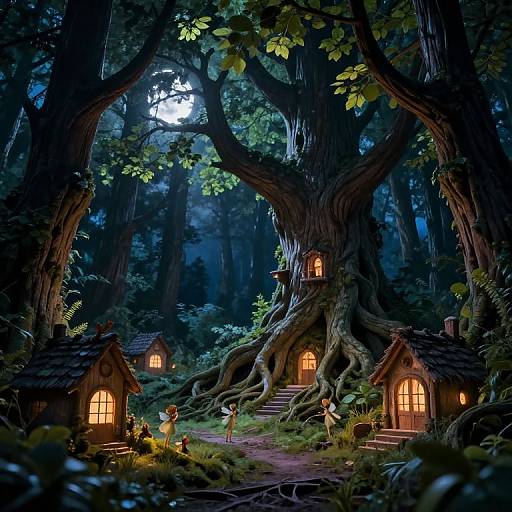 Enchanted forest moonlit scene with glowing fairy-tale cottages nestled in giant trees, illuminated by warm yellow light, children playing in front.