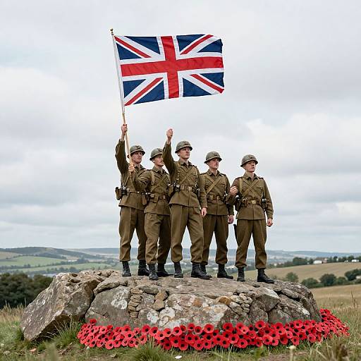 Five British World War II soldiers in brown uniforms stand on a rock, holding a Union Jack flag, surrounded by red poppies. Photograph.