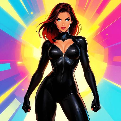 Digital illustration of a fierce, blue-eyed woman with red hair in a tight, black, zip-up latex suit, standing confidently against a vibrant, radiant