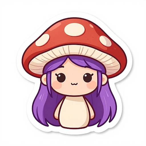 Cute digital chibi drawing of a purple-haired girl with large red mushroom hat, white polka dots, and adorable expression.