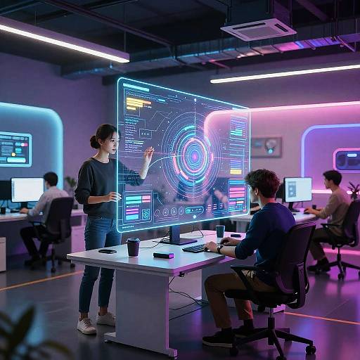 Photograph of a modern tech office with neon lights, where a woman in a black top stands explaining a holographic data projection to a seated man at