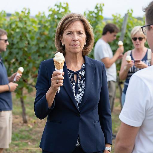 Photograph of an older woman with short brown hair, wearing a black blazer and patterned blouse, holding an ice cream cone, standing in a