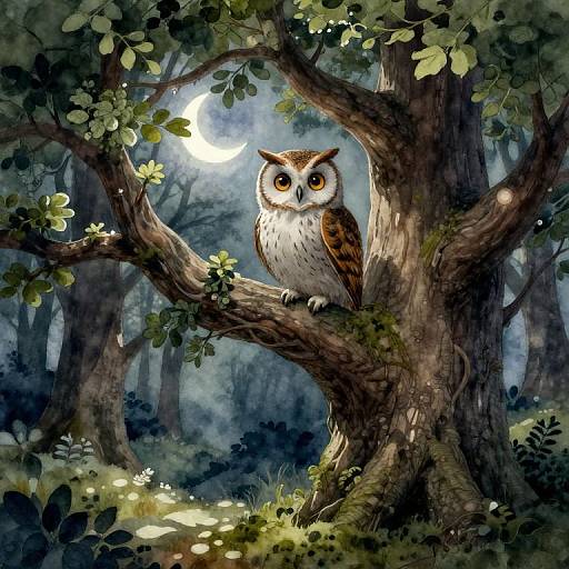 Digital painting of a large, detailed owl with orange eyes perched on a mossy tree branch in a moonlit forest.