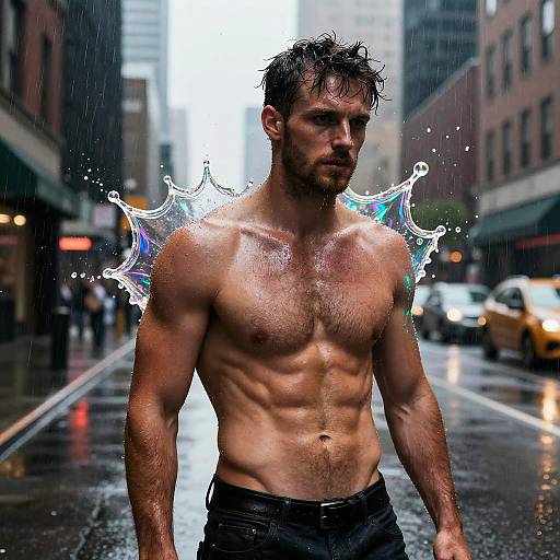Photograph of a muscular, shirtless man with wet hair and chest, standing in a rainy city street, with water splashes digitally added around his