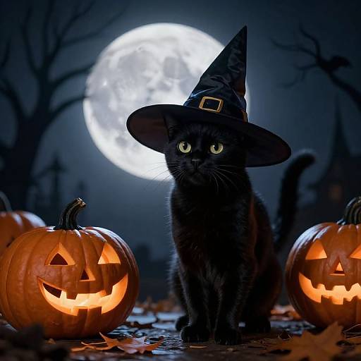 Photograph of a black cat with a witch hat, glowing yellow eyes, and two carved jack-o'-lanterns, against a full moon night