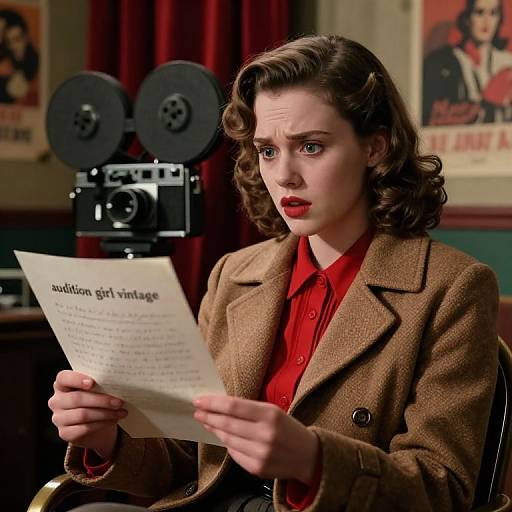 1930s-style photograph of a fair-skinned woman with curly brown hair, red lipstick, and a brown blazer, reading a script in front