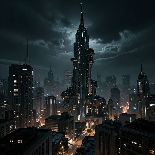 Nighttime cityscape photograph of a futuristic skyline with a towering central skyscraper under a dramatic, cloud-filled blue moonlit sky.