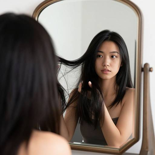 Photograph of an Asian woman with long black hair, wearing a black tank top, standing in front of a mirror, touching her hair while gazing