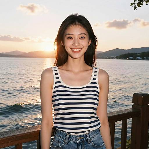 Smiling Young Woman at Lake Sunset