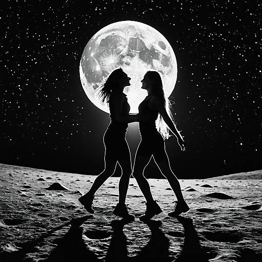Silhouettes of Two Women Dancing on the Moon