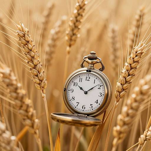 Photograph of an antique silver pocket watch with black numbers and hands, resting on a stalk amidst a golden wheat field.