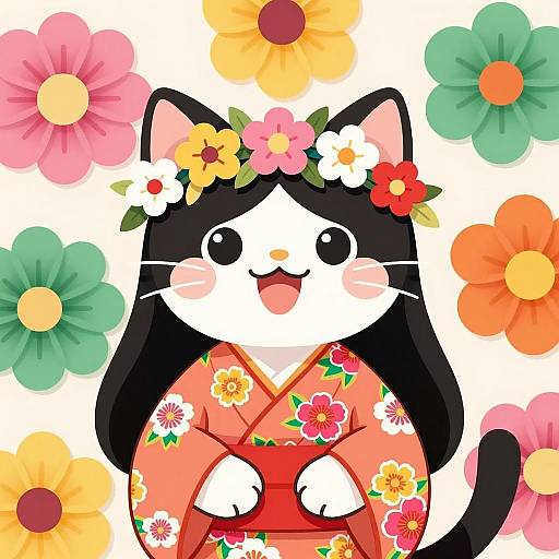 Joyful Cat in Floral Kimono