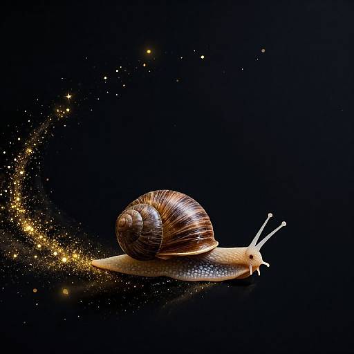 Photograph of a brown and white snail with a glowing, star-like trail against a dark black background.