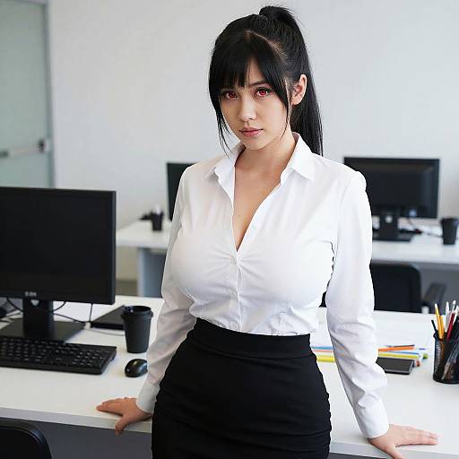 Photograph of an attractive Asian woman with black hair in a ponytail, wearing a white button-up blouse and black skirt, leaning on a modern office