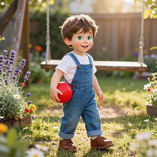 Photograph of a cute, smiling toddler with brown hair and green eyes, wearing denim overalls, white shirt, and brown shoes, holding a red