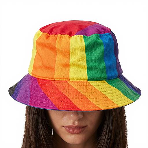 Photograph of a woman with long brown hair wearing a vibrant rainbow-colored bucket hat, partially obscuring her face against a white background.