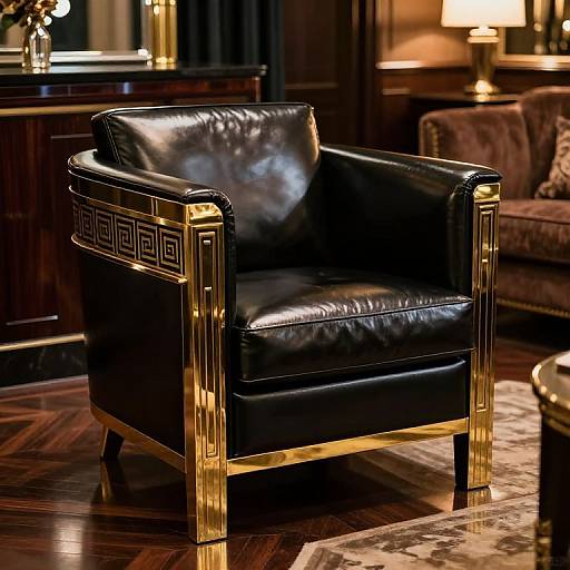 Photograph of a luxurious black leather armchair with gold Greek key patterned frames, set in an opulent, dimly-lit living room with