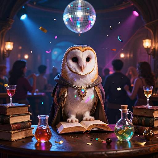 Photograph of a wise owl in a wizard cloak, sitting at a dimly lit bar table with books, glasses, and colorful lights, under a