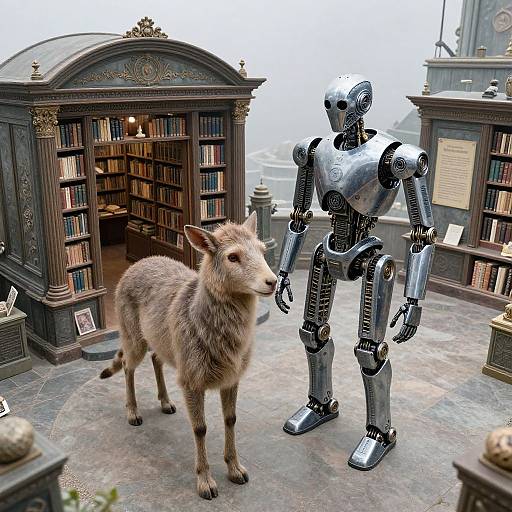 Photorealistic CGI: A metallic robot stands beside a realistic, fluffy brown wolf in an ornate, vintage library with wooden bookshelves.