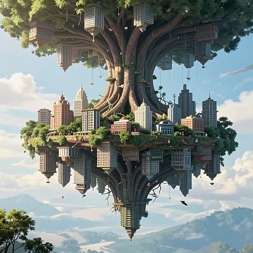 Fantastical digital art of a massive tree with numerous interconnected, floating city buildings nestled in its branches against a bright, blue sky.