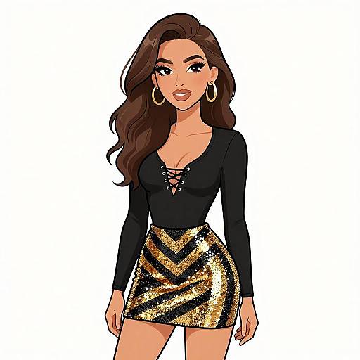 Digital cartoon of a confident woman with long brown hair, wearing a black lace-up top and shimmering gold-black chevron skirt, large hoop earrings,