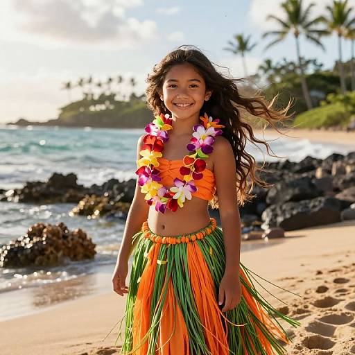 Photograph of a smiling young woman with long brown hair, wearing a vibrant floral lei, orange and green grass skirt, on a sunny tropical beach with