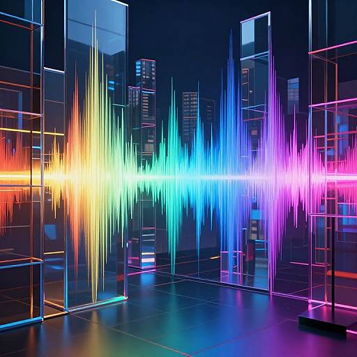 Neon cityscape artwork with vibrant, multicolored light spikes resembling a spectrum, reflected in glass panels against a dark urban background.