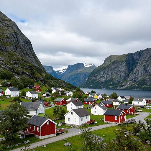Photograph of a picturesque Norwegian village with red and white wooden houses, surrounded by green hills and a mountainous fjord landscape under a cloudy sky.