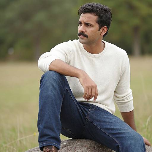 Photograph of a middle-aged South Asian man with dark hair and mustache, wearing a white sweater and blue jeans, sitting on a rock in a