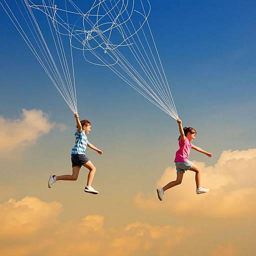 Photograph of two children, one in blue and one in pink, flying mid-air with white strings against a vibrant blue sky with fluffy clouds.
