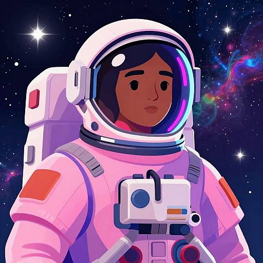 Digital illustration of an Asian astronaut with black hair, pink spacesuit, and reflective helmet, standing in a starry, colorful galaxy background.