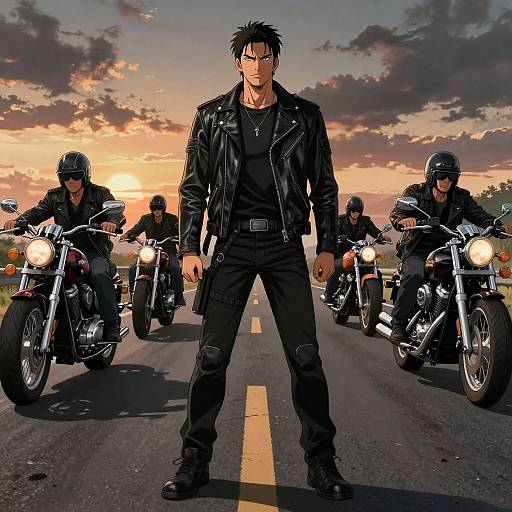 Gritty Anime Biker Gang Sunset