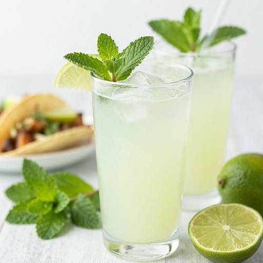 Photograph of two clear glasses with lime wedges, mint leaves, and lemon halves, alongside a blurred burger in the background.