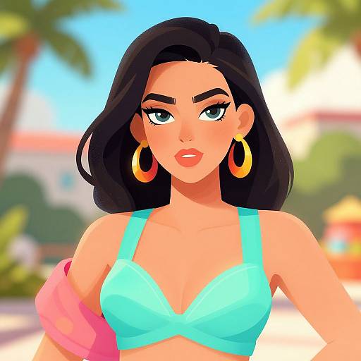 Digital illustration of a confident woman with dark hair, turquoise bra, large gold hoop earrings, and pink sweater, set against a sunny, tropical background with